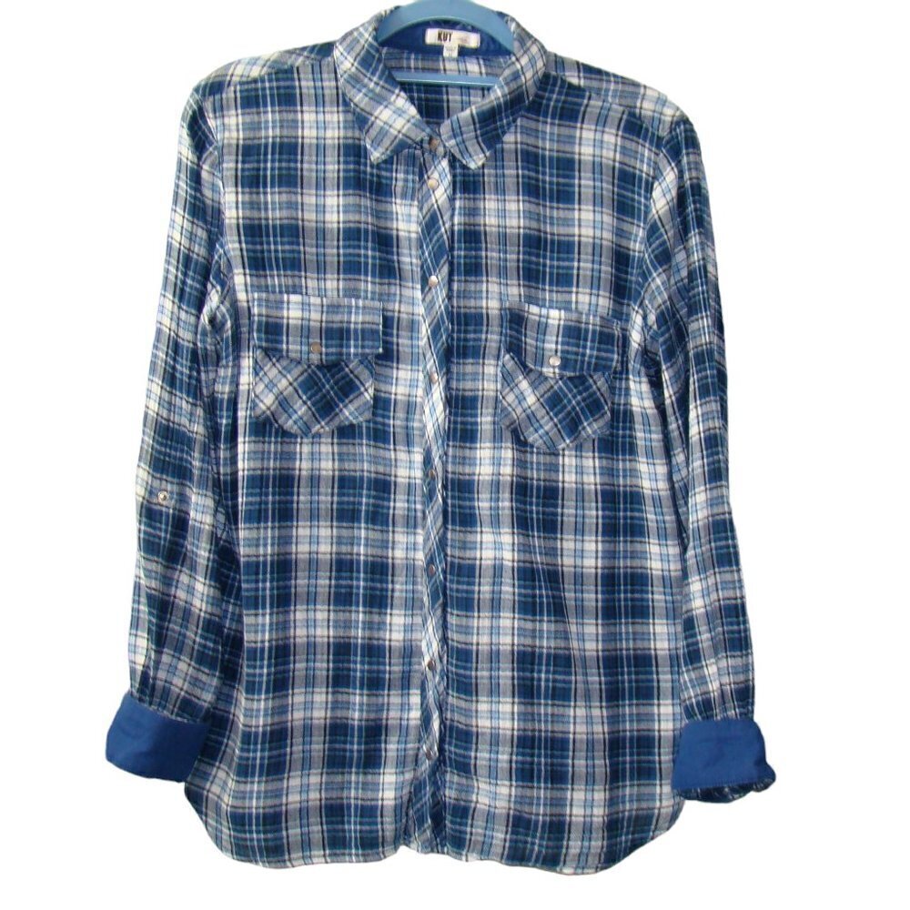 Kut from the Kloth Blue & White Plaid Long Sleeve Snap Front Shirt Size Medium - Picture 2 of 11